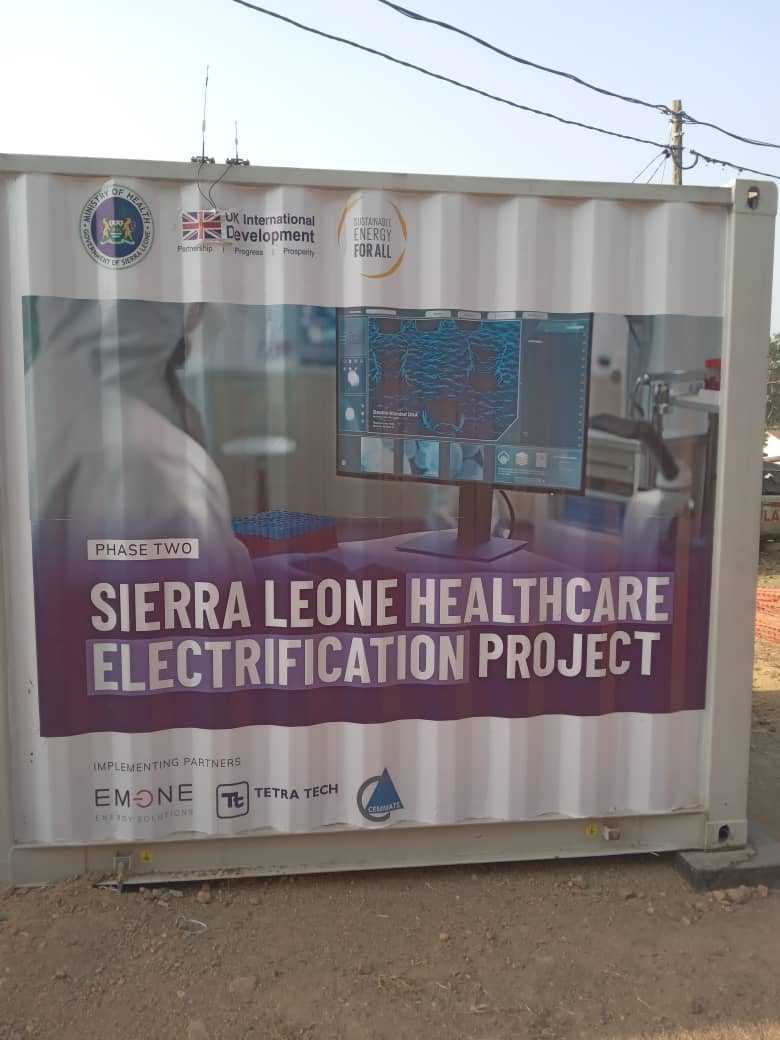 A container with key renewable energy solution components at Kailahun Government Hospital (credit: Albert Moiwa).