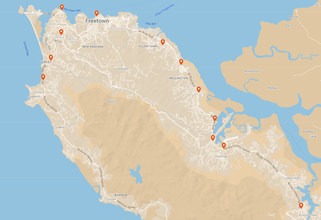 Map of Freetown showing 12 geographically disbursed communities along EDSA's distribution network