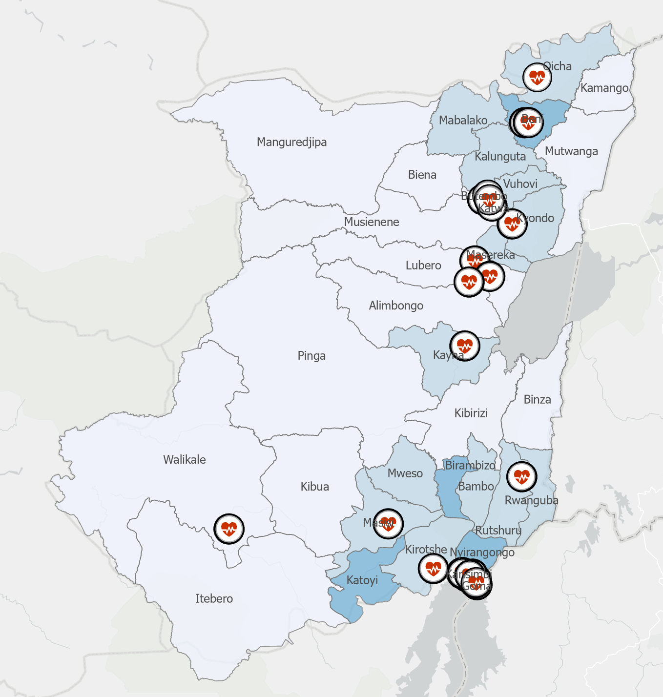 A map of 25 health facilities instrumented with sensors in the North Kivu province of the DRC. (credit: Samuel Miles)